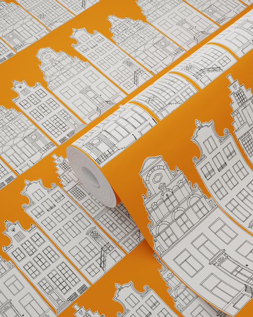 ESTAhome behang Amsterdamse huizen oranje en wit - 53 cm x 10.05 m - 115874