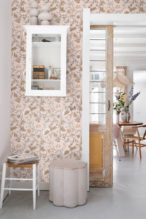 ESTAhome behang vintage bloemen oudroze, terracotta en groen - 53 cm x 10.05 m - 139478