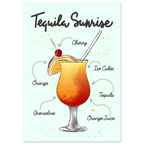 Artfulprints  Tequila Sunrise cocktail – Illustratie   poster 50x70 cm