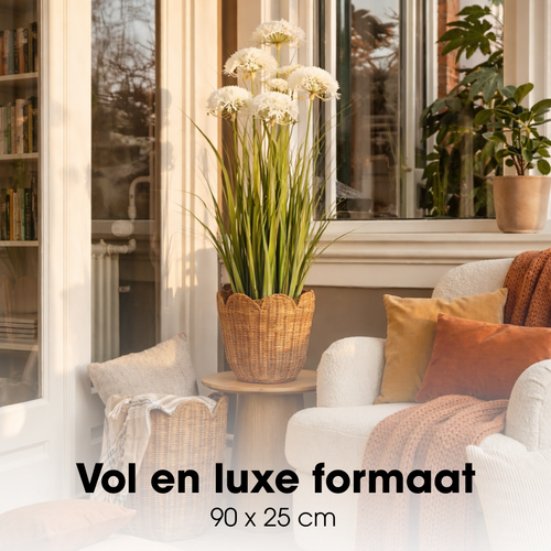 Mica Decorations Engelwortel – Kunstgras in Pot – Realistische Nepplant Woondecoratie – Kunstplanten voor Binnen en Buiten – H90 x Ø25 cm – Groen, Wit