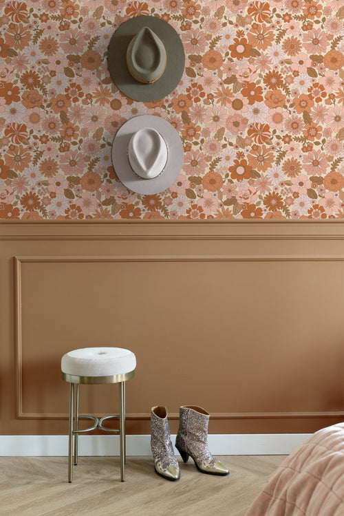ESTAhome behang retro bloemen terracotta roze en oranje - 53 cm x 10.05 m - 130962 - vtwonen shop