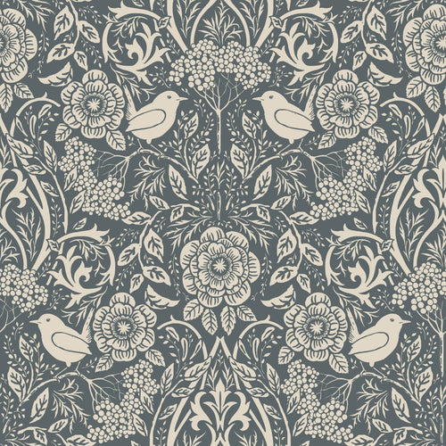 ESTAhome behang bloemen en vogels in art nouveau stijl vergrijsd donker blauw - 50 x 900 cm - 131991