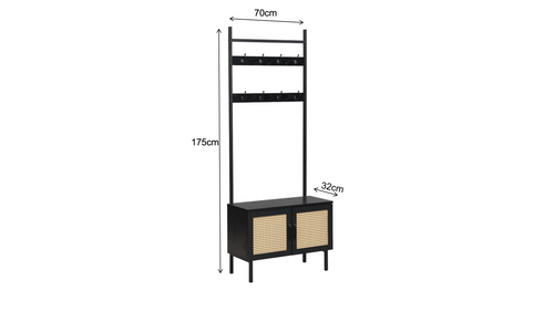 Furnilux Kapstok Ambon – Met Opbergkast & Haken – Zwart met Rattan – 70x32x175 cm – Industriële Halmeubel