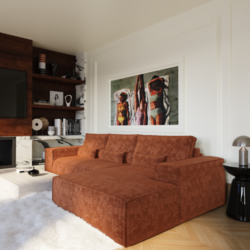 Premium Interiors - Rechthoekige hoekbank met snelle slaapfunctie JUNE - gewaafd fluweel terracotta 320cm