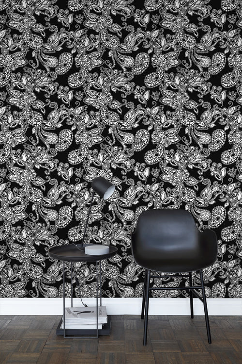 ESTAhome behang funky bloemen en paisleys zwart en wit - 53 cm x 10.05 m - 136844
