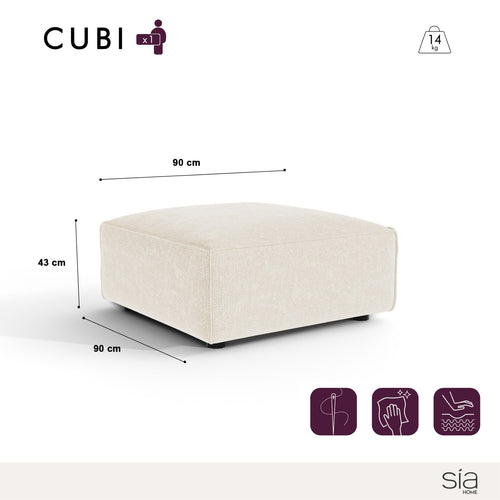 Sia Home - Modulaire poef CUBI - Chenille fluweel - Crème - 90cm