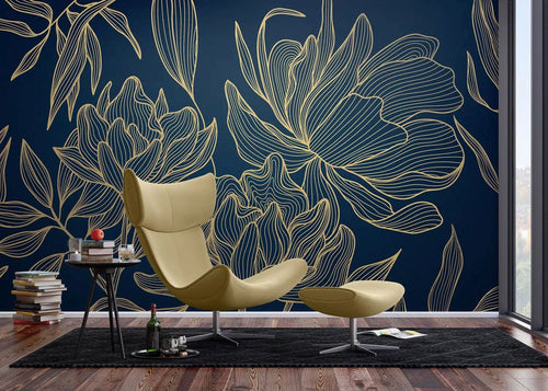 Sanders & Sanders fotobehang bloemen blauw en goud - 375 x 270 cm - 601460