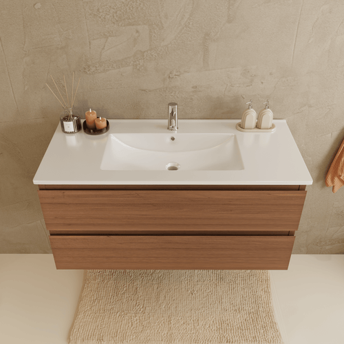 LOMAZOO badmeubelset Verona - met hoge kast & witte wastafel - warm eiken - 100 cm
