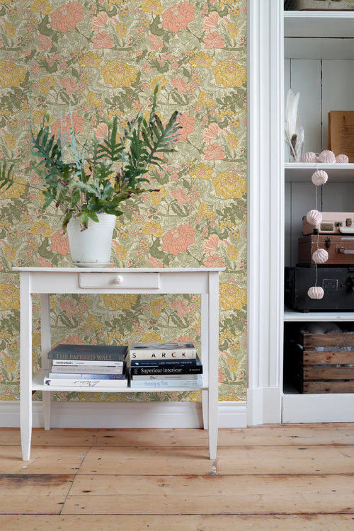 ESTAhome behang vintage bloemen vergrijsd groen, roze en okergeel - 50 x 900 cm - 131195 - vtwonen shop