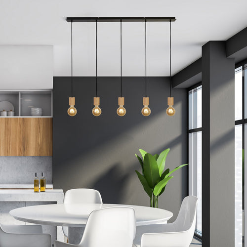 Spinny Plafondhanger met 5 lichtbalken - hout en zwart metaal
