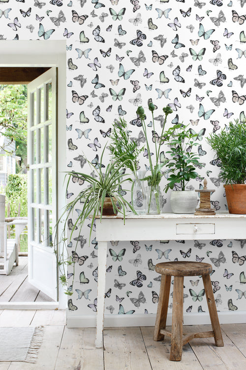 ESTAhome behang vlinders mintgroen en pastel paars - 53 cm x 10.05 m - 138875