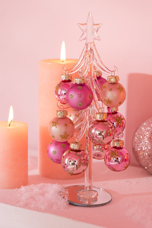J-Line decoratie kerstboom + Ballen - glas - roze/transparant - large - vtwonen shop