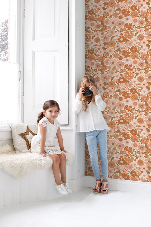 ESTAhome behang retro bloemen terracotta roze en oranje - 53 cm x 10.05 m - 130962 - vtwonen shop