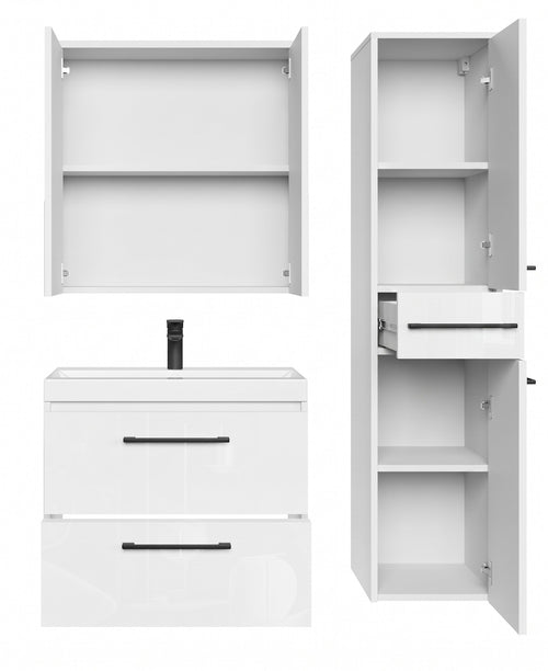Badplaats Badkamermeubel Set Florence 60 cm – Hoogglans Wit – Hangend Badmeubel met Wastafel, Spiegelkast en Zijkast