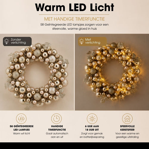 Mica Decorations Kerstkrans met Verlichting - Deurkrans H8,5 x Ø47 cm - Kerst Krans met Timer en Kerstballen  - Multifunctionele Kerstversiering -