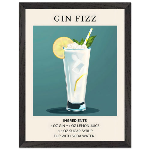 Artfulprints Poster met Lijst Gin Fizz cocktail - Ingrediënten   - 30x40 cm - Blauw