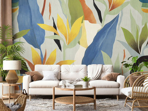 Sanders & Sanders fotobehang bladeren blauw, groen en geel - 424 x 280 cm - 640835