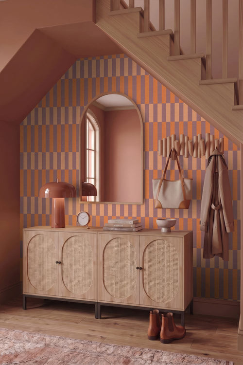 ESTAhome behang linnen-look strepen paars en oranje - 50 x 900 cm - 132253
