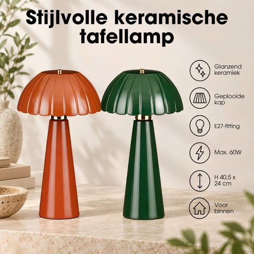 Mica Decorations Naomi Tafellamp Bruin Keramiek - Sfeervolle Tafellamp met Geplooide Kap - E27 Fitting Max. 60W IP20 Classificatie - Stijlvolle