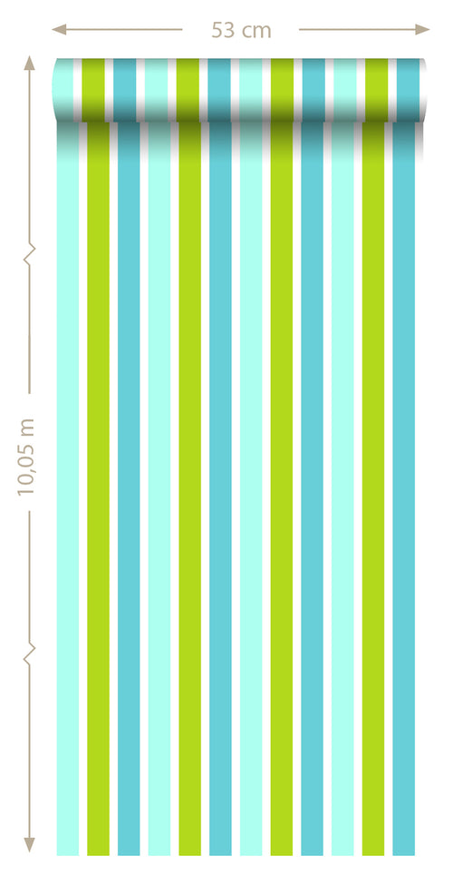 ESTAhome behang verticale strepen turquoise, limegroen en wit - 53 cm x 10.05 m - 138703