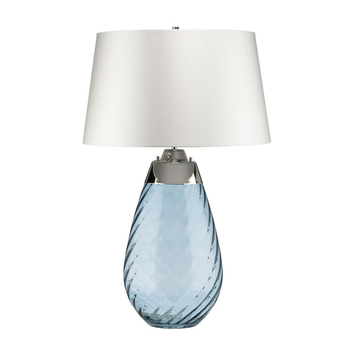 Elstead Lena 2 lichte grote blauwe tafellamp met gebroken witte kap, blauw getint glas, gebroken witte kap, E27