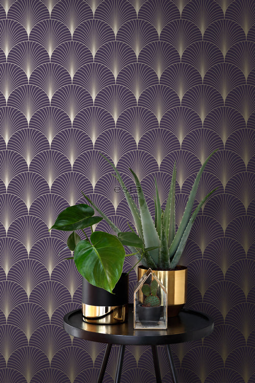 ESTAhome behang art deco motief donker paars en goud - 53 cm x 10.05 m - 139577