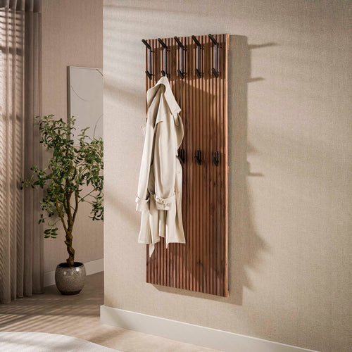 Giga Meubel Kapstok Panel Hoog Bruin – Massief Acaciahout – 10 Haken – 63x13x160 cm
