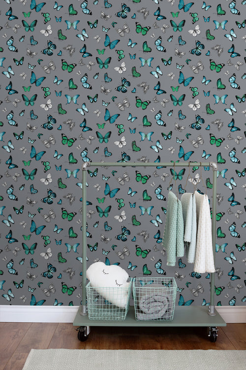 ESTAhome behang vlinders zilver en turquoise - 53 cm x 10.05 m - 138510