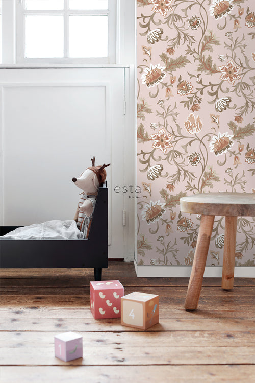 ESTAhome behang vintage bloemen oudroze, terracotta en groen - 53 cm x 10.05 m - 139478