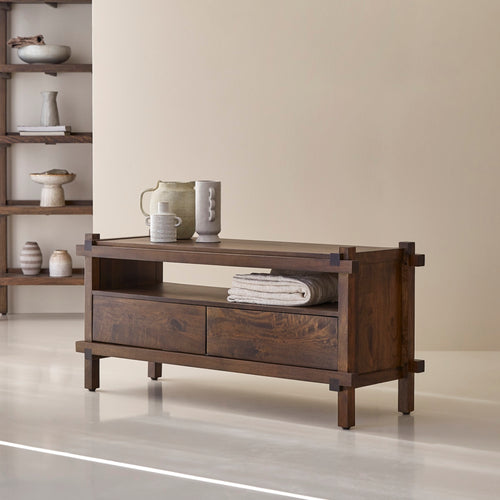 Tikamoon Tv-meubel met 2 laden van massief mangohout 120 cm - Donkerbruin - vtwonen shop