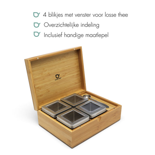 Bredemeijer - Theedoos naturel bamboe +4 blikjes +lepel