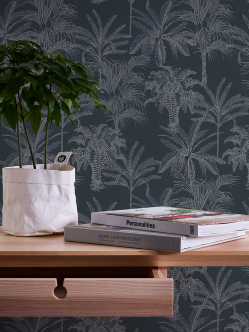 Livingwalls behang palmbomen zwart en grijs - 53 cm x 10.05 m - AS-379832