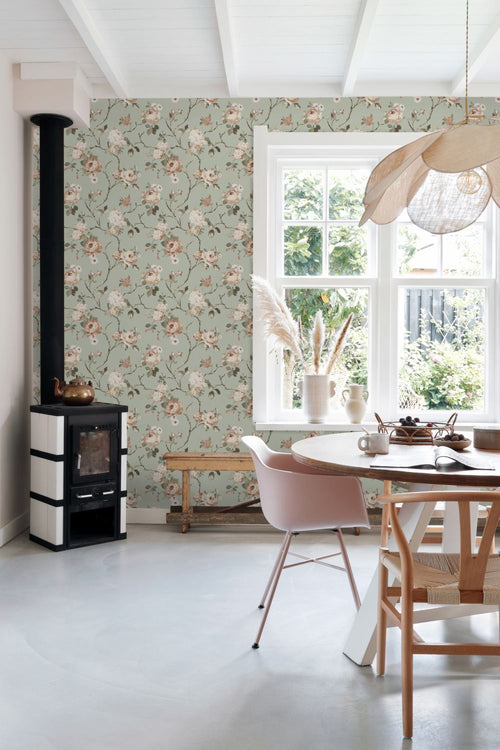 ESTAhome behang vintage bloemen vergrijsd mintgroen en zacht roze - 53 cm x 10.05 m - 139291