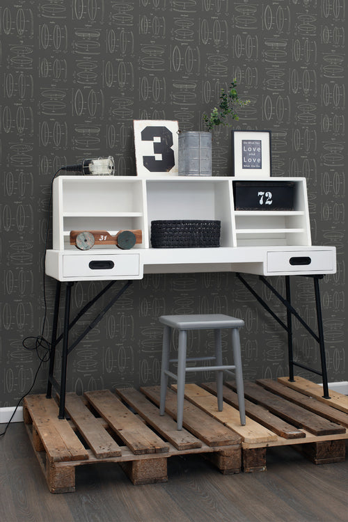 ESTAhome behang technische tekeningen van surfplanken donkergrijs - 53 cm x 10.05 m - 128872