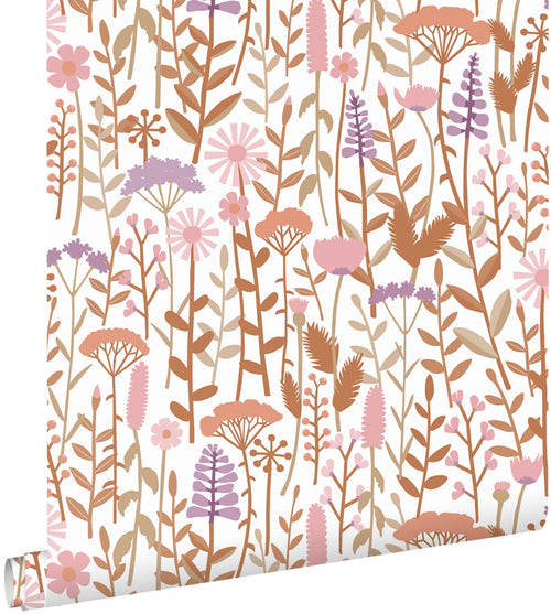 ESTAhome behang veldbloemen terracotta, paars en roze - 50 x 900 cm - 131553