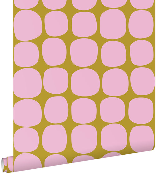 ESTAhome behang grafisch motief lila roze en mosterdgeel - 50 x 900 cm - 131983