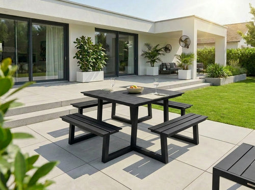 MaximaVida vierkante aluminium picknicktafel Dex 215 cm zwart - open instap