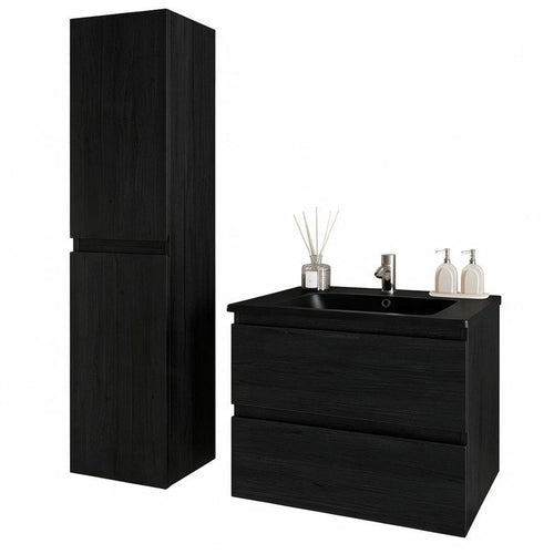 LOMAZOO badmeubelset Verona - met kolomkast & zwarte wastafel - mat zwart - 60 cm