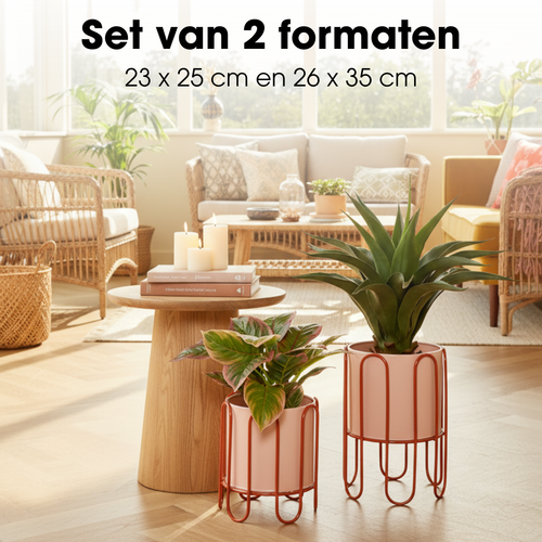 Mica Decorations Dione Bloempot op Standaard – Set van 2 – Plantenpot voor Bloemen en Kamerplanten – Bloempotten voor Binnen – IJzer – Roze