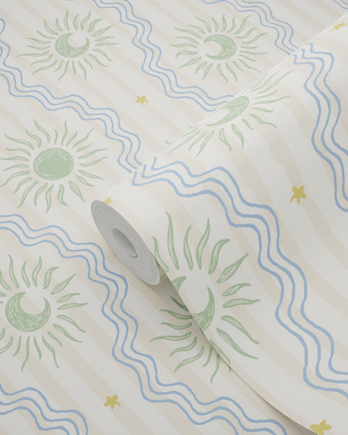 ESTAhome behang zonnetjes beige, blauw en groen - 50 x 900 cm - 132015