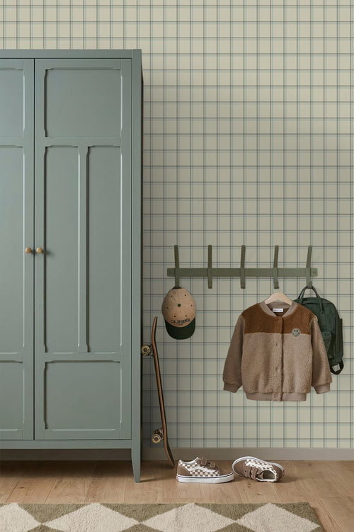 ESTAhome behang ruiten beige en blauw - 50 x 900 cm - 132164