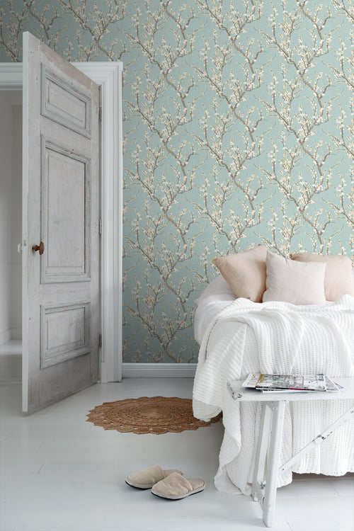 Sanders & Sanders behang bloesemtak vergrijsd mintgroen en wit - 53 cm x 10 m - 640175 - vtwonen shop
