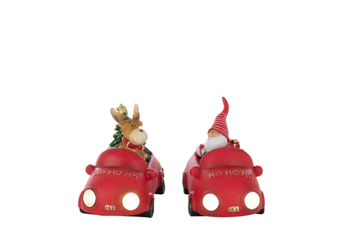 J-Line decoratie Kerstman + Rendier Auto - polyresin - mix - 2 stuks - LED - vtwonen shop