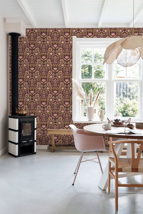 ESTAhome behang vintage bloemen donker paars en groen - 50 x 900 cm - 131894