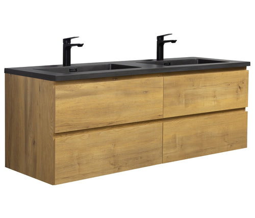 Badplaats Badkamermeubel Set Angela 140 cm – Eiken – Badmeubel met Zwarte Wastafel
