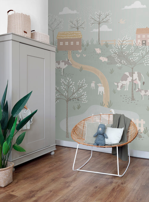 ESTAhome fotobehang boerderij dieren vergrijsd groen - 200 x 279 cm - 159242 - vtwonen shop