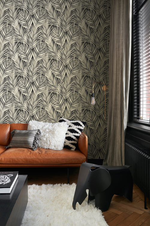 ESTAhome behang palmbladeren zwart en goud - 53 cm x 10.05 m - 139318