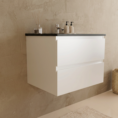 LOMAZOO badmeubelset Verona - met kolomkast & zwarte wastafel - glanzend wit - 60 cm