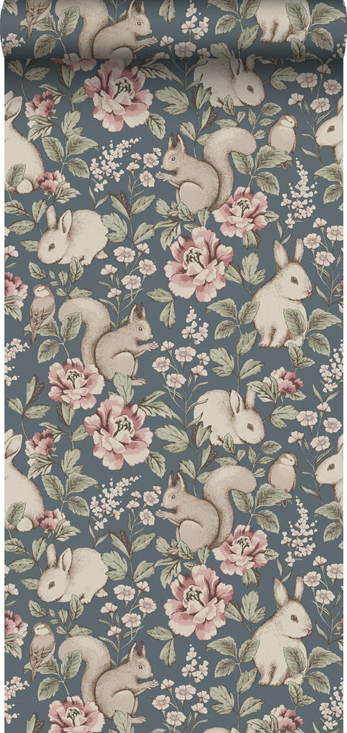 Borastapeter behang vintage bosdieren vergrijsd blauw - 53 cm x 10.05 m - 660616 - vtwonen shop