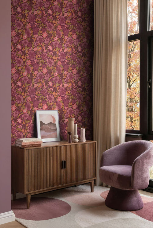 ESTAhome behang bloemen paars, groen en roze - 50 x 900 cm - 132199